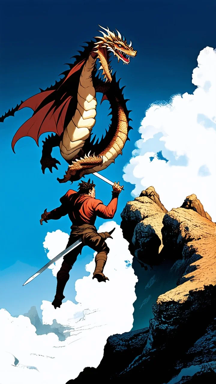 A man climbing a mountain and big dragon attacking him while he is hanging by a robe in one hand and fighting it with a sword on the other hand