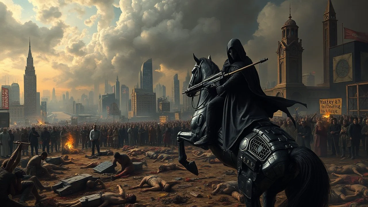 cyberpunk interpretation of Bruegel's "The Triumph of Death", capturing the symbolic "harvest" of humanity. this is terror. A dystopian metropolis under smog sky, where cybernetic grim reapers are executing physical harvest. Many of humans citizens killed an army of cyberwarrior androids and robots, panicking people, many bodies lying on the ground. In the foreground, a cyber-death warrior in black hood with futuristic gun, on a mechanical horse, thriller