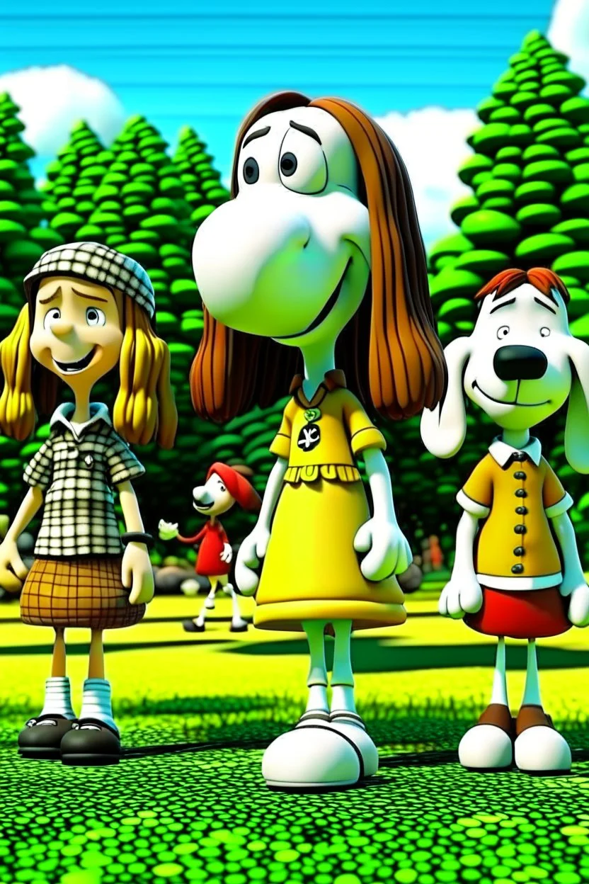 Snoop Dog and Woodstock, owner Charlie Brown, his sister Sally, best friends Linus & Lucy van Pelt, tomboy Peppermint Patty, her friend Marcie