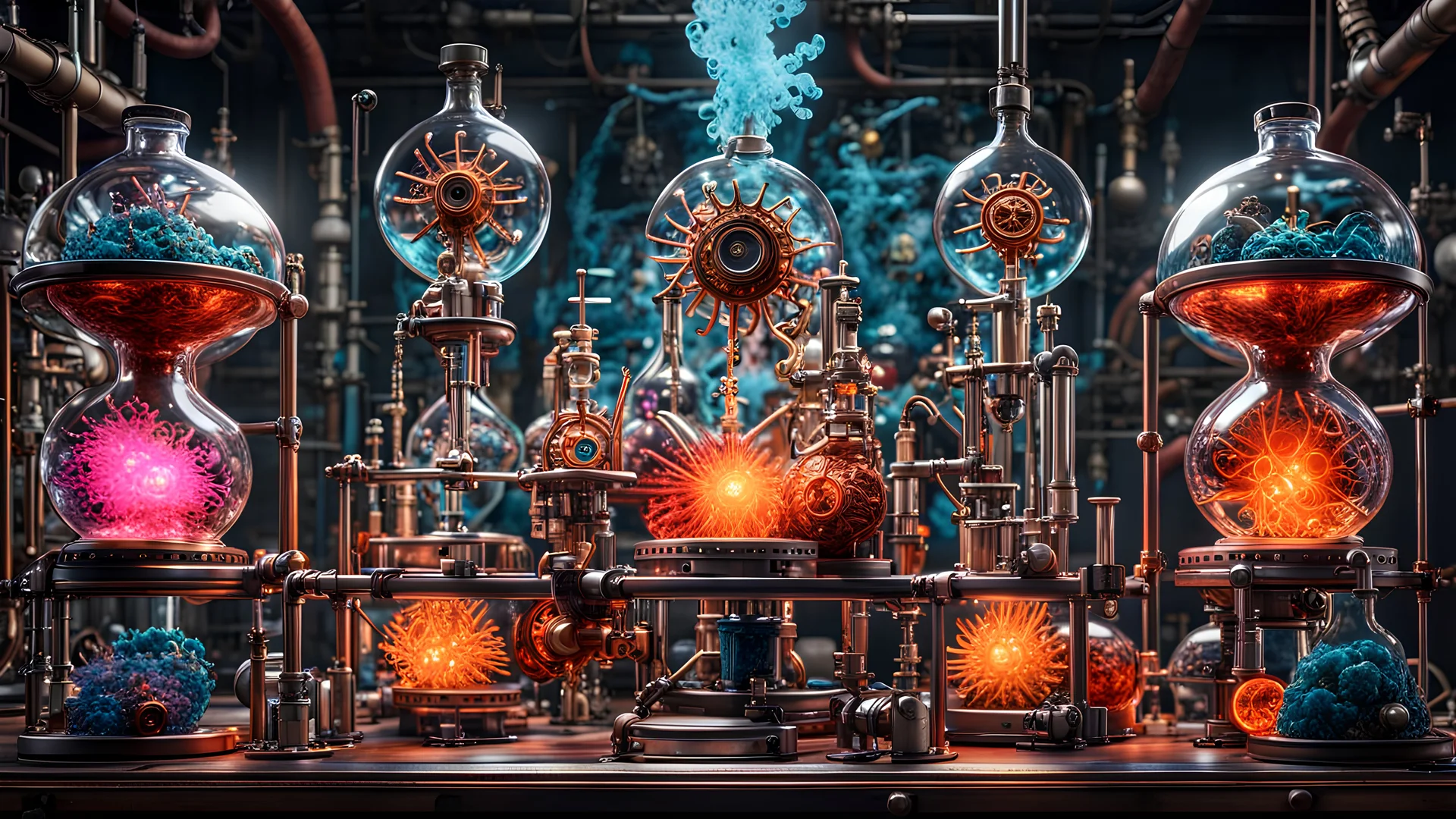 3D rendering of expressively detailed and intricate of a hyperrealistic chemistry laboratory experiment: front view, colorful paint, tribalism, steampunk, shamanism, cosmic fractals, dystopian, octane render, volumetric lighting, 8k post-production, detailed metallic objects, dendritic, artstation: award-winning: professional portrait: atmospheric: commanding: fantastical: clarity: 16k: ultra quality: striking: brilliance: stunning colors: amazing, beautiful, stunning composition