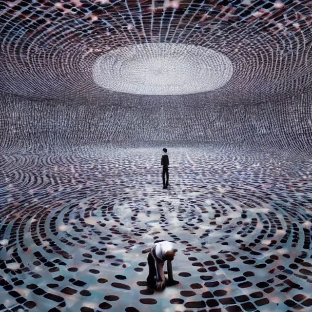 alone in the center of a round maze, sharp focus, highly detailed, art by greg rutkowski and teamLab, realistic