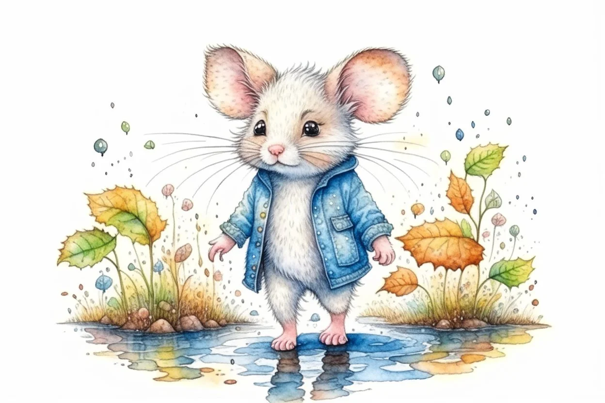 watercolor painting, Jean-Baptiste Monge style, Cute adorable baby white mouse in jeans clothes walking in the rain in Autumn, splash art