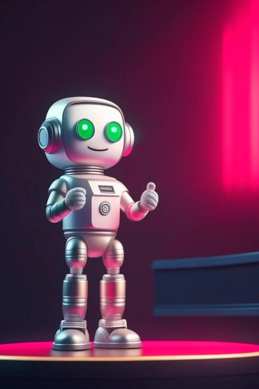 cute adorable chat robot behind podium with expensive microphone, its such a perfect day i am glad i spent it with you, motion blur, smoke, 4k, downlight, soft light, depth of field, photorealism, trending on art station