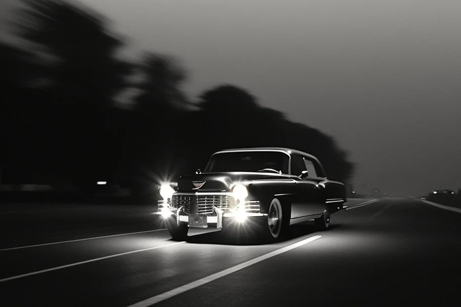 Coche Cadilac americano en mitad de la noche tan sólo iluminado por una farola y los faros del coche, imagen en blanco y negro vaporoso, imagen al estilo del fotógrafo Hugo Alonso