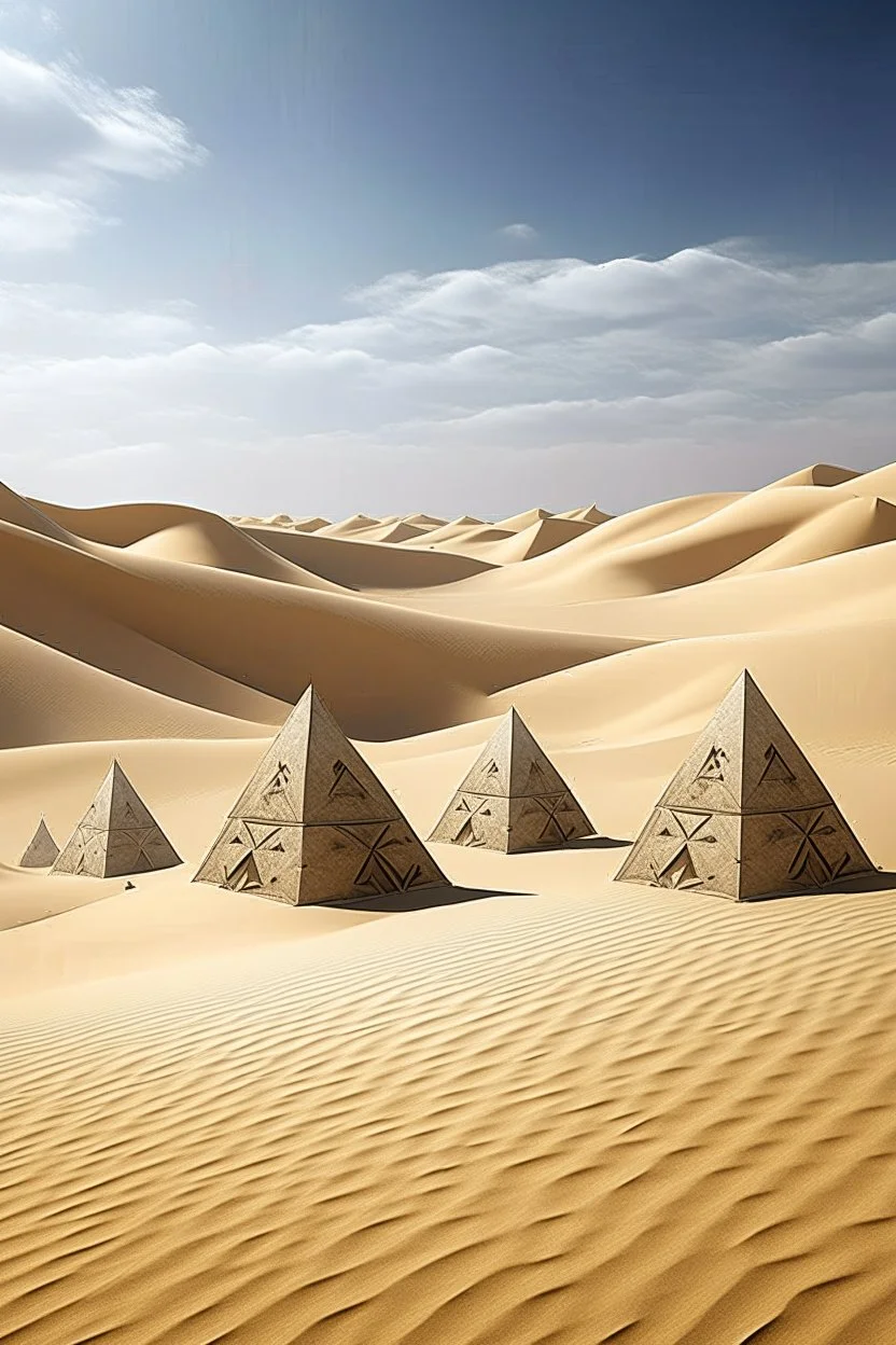 A tan sandy desert with magnetic pyramids painted by Giovanni Battista Sassi