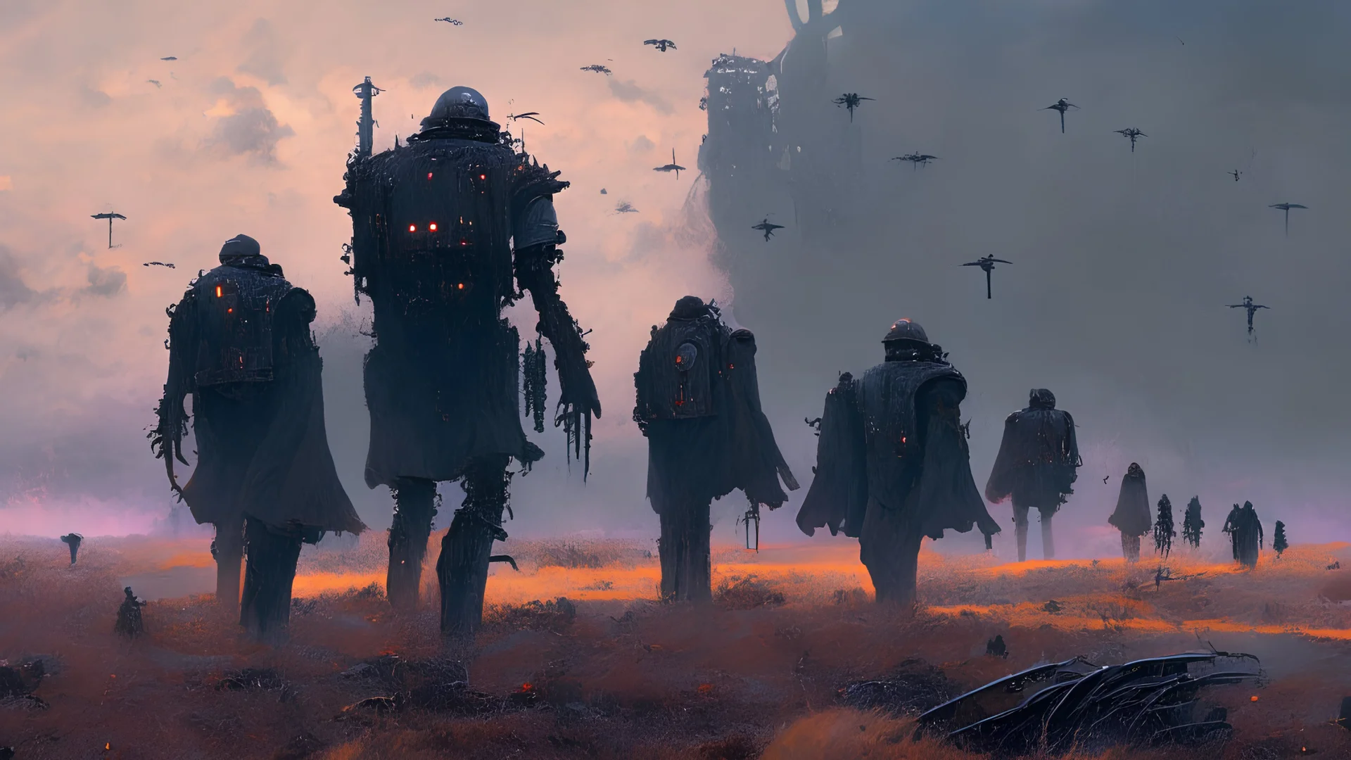 marching machine soldiers, creepy landscape, techno gothic visual composition, science fiction painting, Denis Sarazhin, Quint Buchholz, Simon Stålenhag, Neil Blomkamp, Christopher Shy, Alejandro Burdisio, RAW, gritty high contrast, atmospheric horror, unsettling art, dark palette, harsh colour