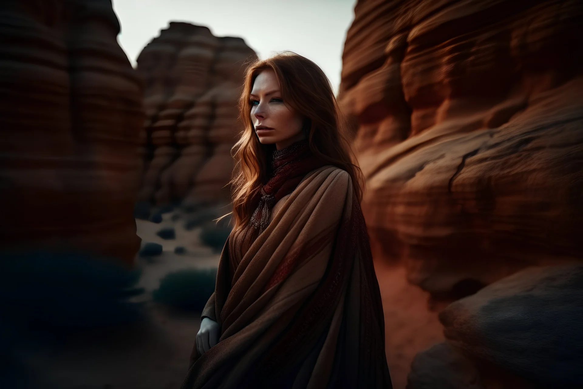 cinematic photography, turkmenistan woman, dutch angle shot, candid shot, hasselblad X1D, StarWars Boho organza velvet fashion,realisticpunk,matte colors,eclectic,in the ancient carved Petra ruins canyon at stormy sunrise, style raw