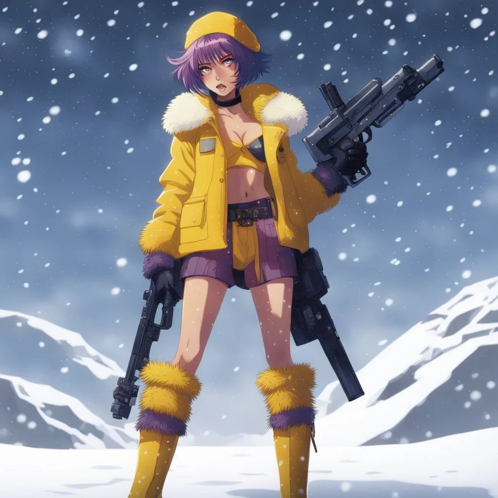 [illustration by Hajime Yatate] Faye Valentine, clad in her iconic outfit (a yellow short and a yellow crop top), stands in the snow of Callisto with furry boots. She points her trusty gun. Amidst the icy winds and swirling snowflakes, Faye's violet hair is an 80s update of the flapper Bob, reflecting the cold beauty of the alien world.