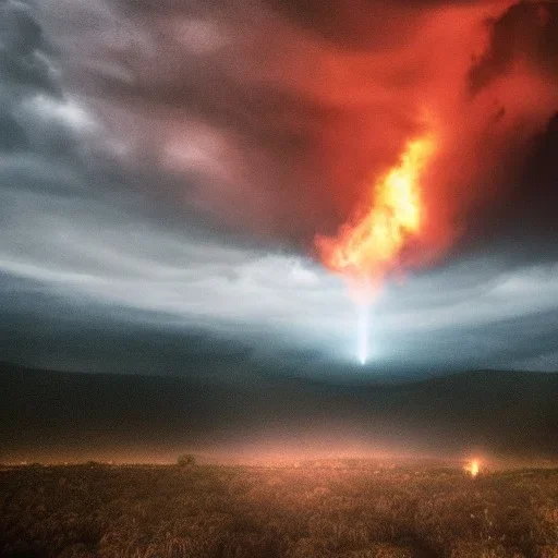 doom scenary. Heavy rain. Epic Lighting in the sky. Knight with a sword. Falling meteorite from the sky. Meteorite burning in the distance.