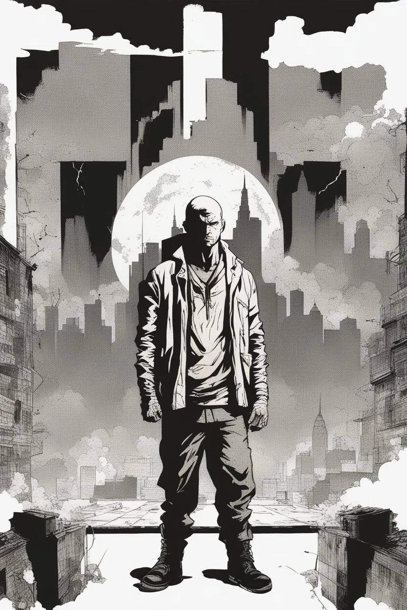 man, standing, silhouette, comic book,post-apocalypse, white background,