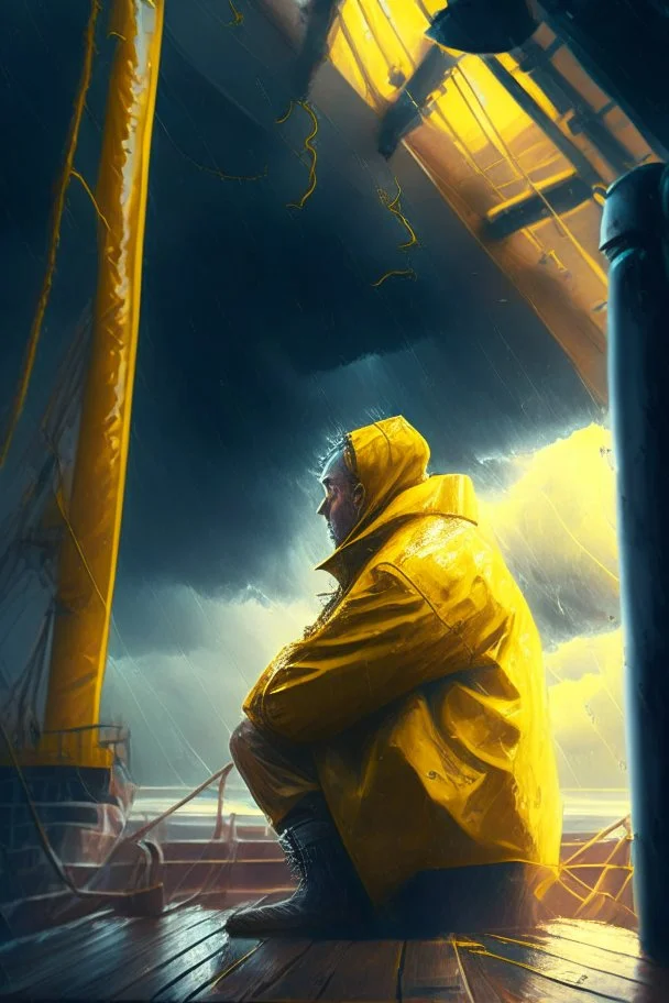 portrait of dead seafarer sitting in yellow raincoat on deck of enormous living wooden ship, storm clouds, lightening, volumetric light,depth of field, fantasy art, 4k, highly detailed, sunbeam