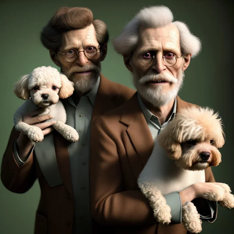 Portrait of an aristocratic old man holding a toy poodle in his arms, he looks like Willem dafoe, 8k, HD, cinematography, photorealistic, Cinematic, Color Grading, Ultra-Wide Angle, Depth of Field, hyper-detailed, beautifully color-coded, insane details, intricate details, beautifully color graded, Cinematic, Color Grading, Editorial Photography, Depth of Field, DOF, Tilt Blur, White Balance, 32k, Super-Resolution, Megapixel, ProPhoto RGB, VR, Halfrear Lighting, Backlight, Na