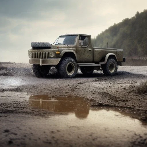 hyperrealistic shot, muddy military toy truck, monotone color palette, sharp focus, puddle reflection, tire water splash, refraction, mist on the horizon, shadowcast, detailed and intricate, cinematic composition, micro, tilt shift photography