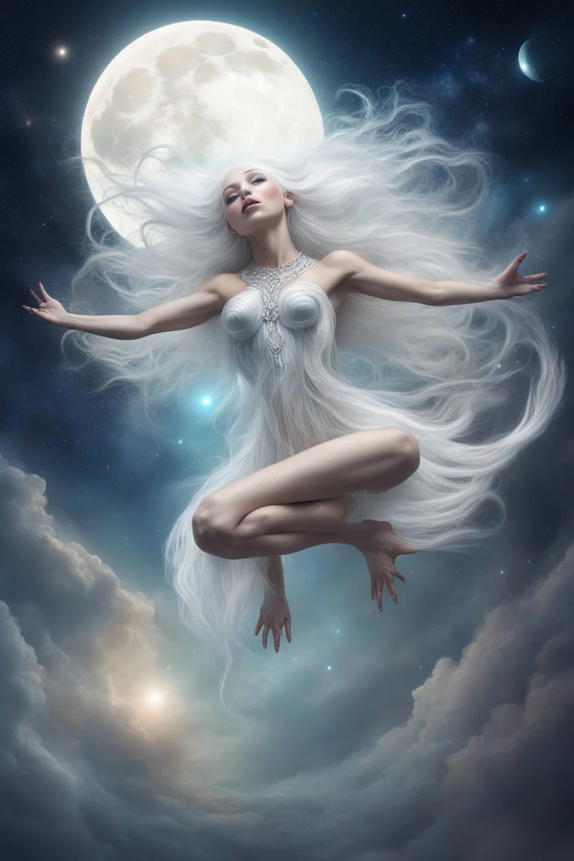 falling broken moon, gorgeous ethereal primitive goddess extraterrestrial female, flying upside-down, feet up, knees together,, curious expression, opal piercings, beautiful face, mesmerizing reflective galaxies in eyes, smooth translucent diamond skin, transcendental, wind blowing through long white hair.