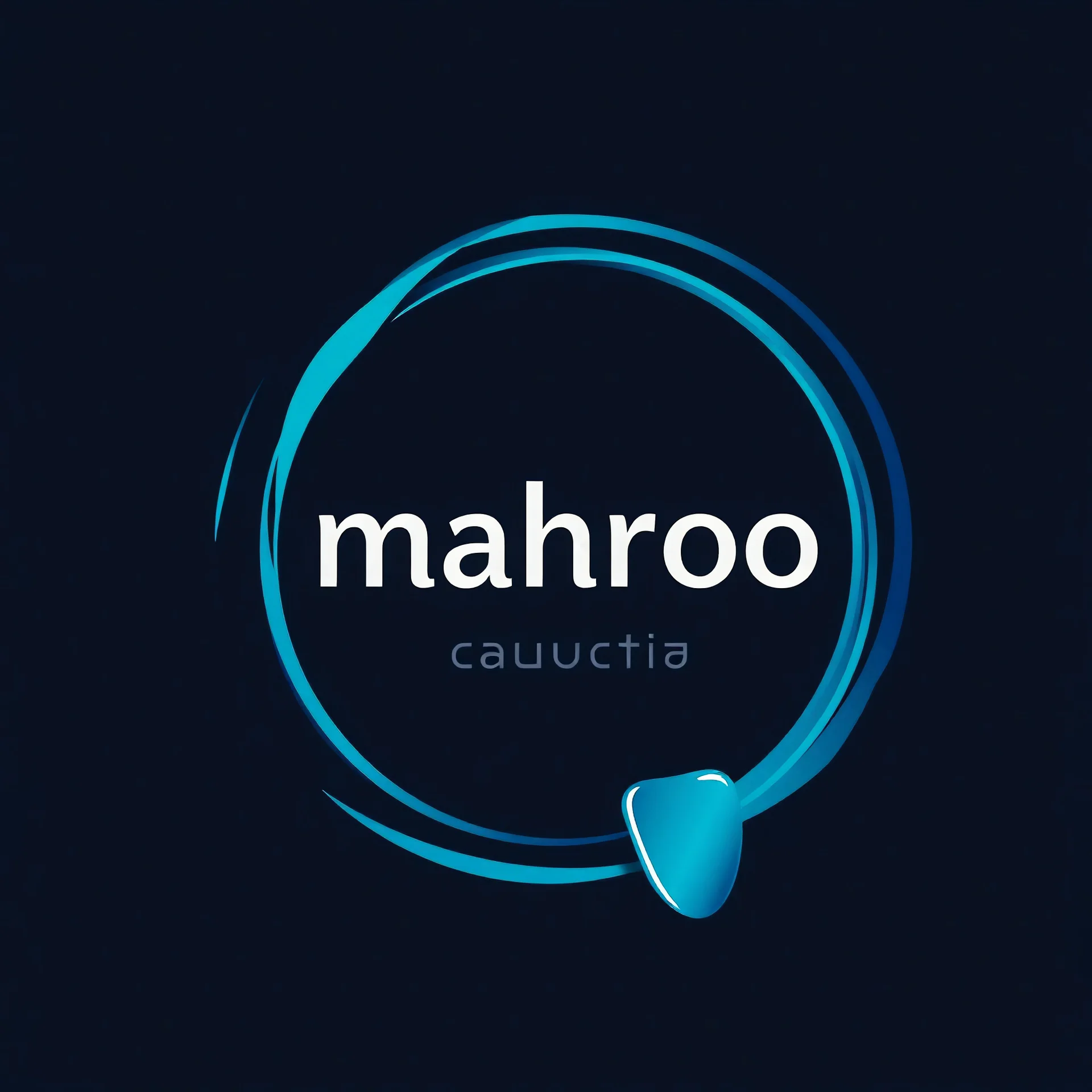 A circular logo with the name (mahroo) designed for a cosmetics store with the symbol of the moon and turquoise and indigo colors and a blue and black circle around the work with cosmetics and nail polish for use in the profile of the Instagram account