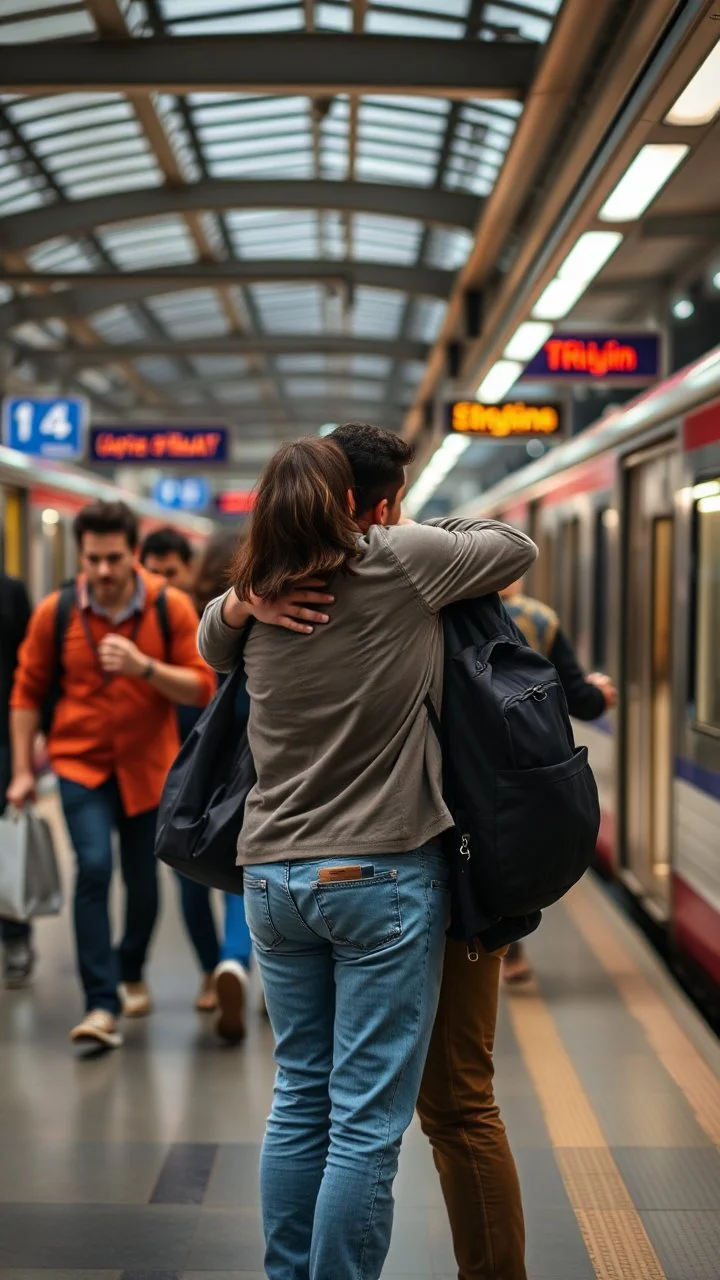 A man and a women hugging each other in the train station , people are rushing to the train