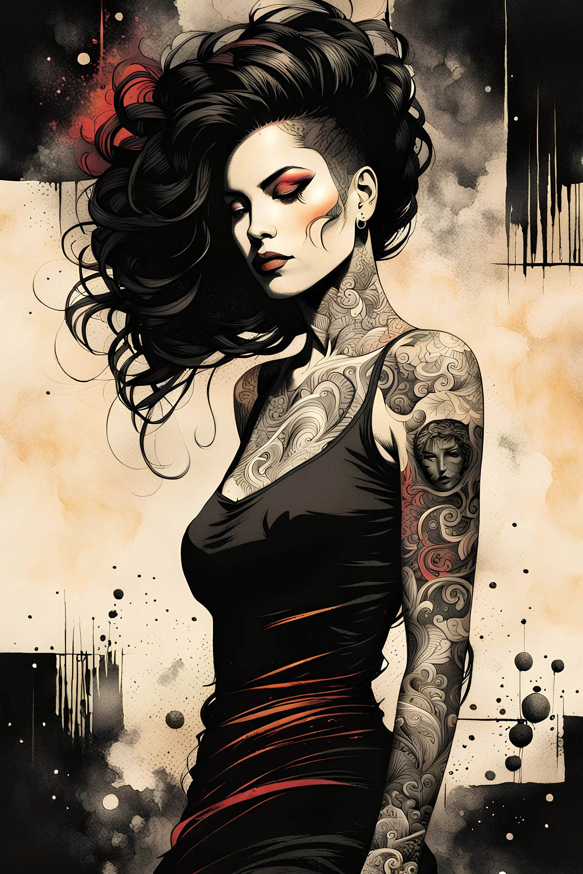 an abstract and serene lithographic illustration of a tattooed goth girl with highly detailed hair and facial features , finely drawn and inked, 4k, hyper detailed and vibrantly colored in the comic art style of Bill Sienkiewicz and Frank Miller