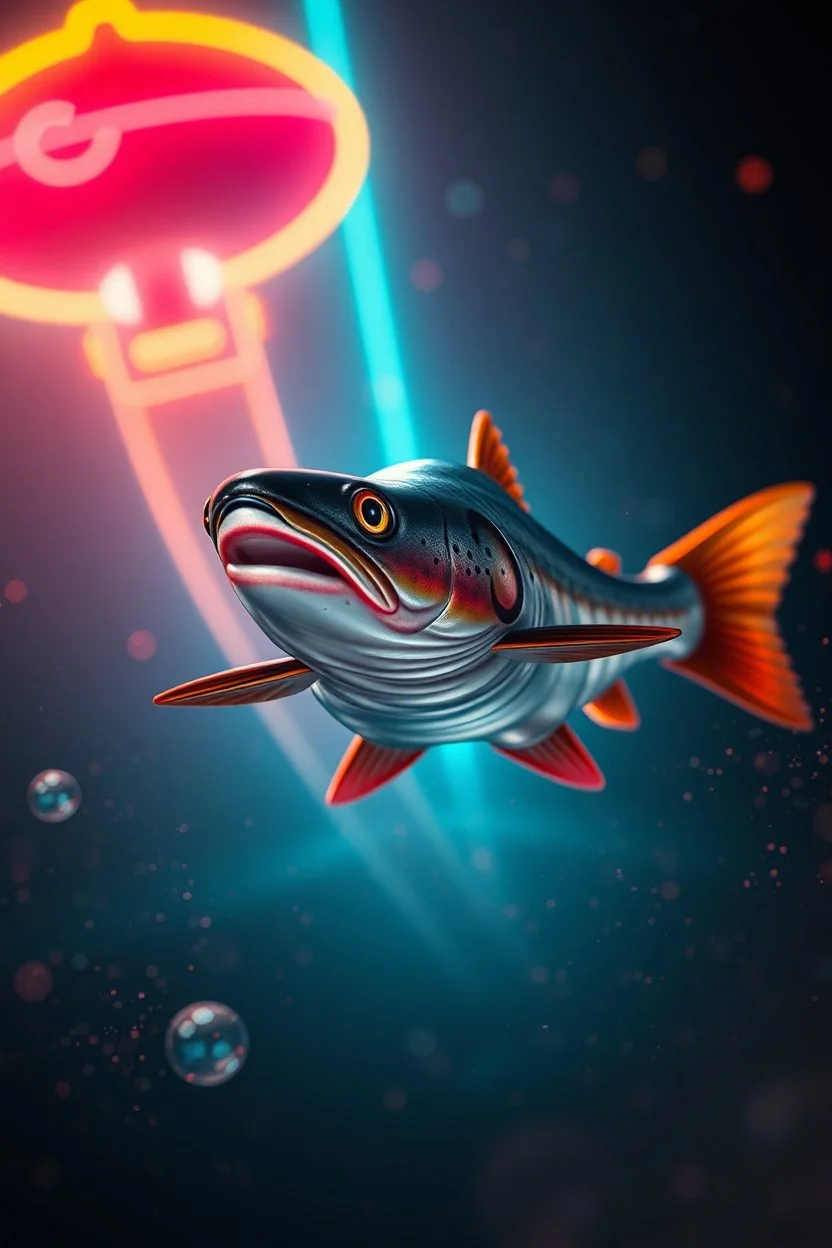 extremely sharp hypnotic soothing emotional support trout symbol in front of depth of field neon google airship effect