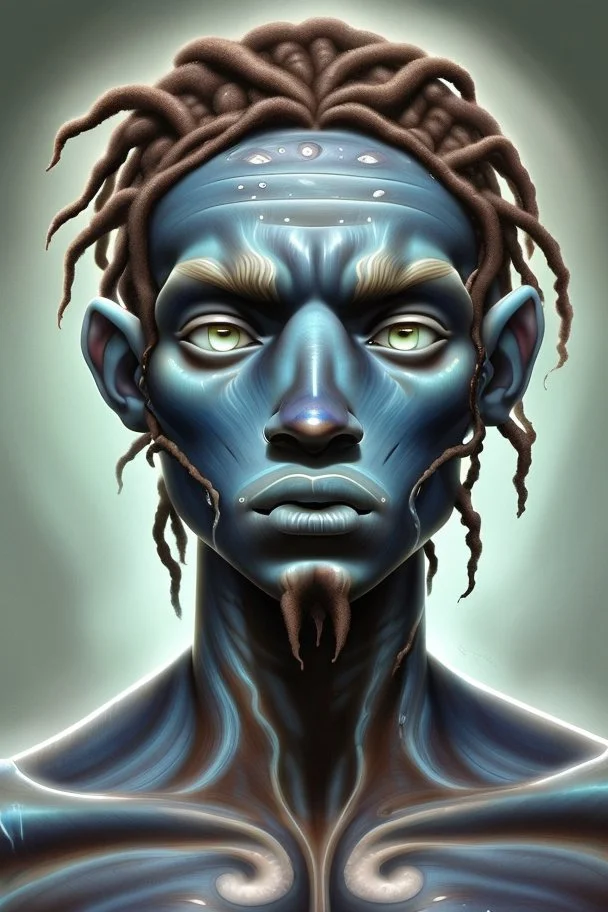 A young male water genasi with deep blue skin color, water shape like dreads on head.