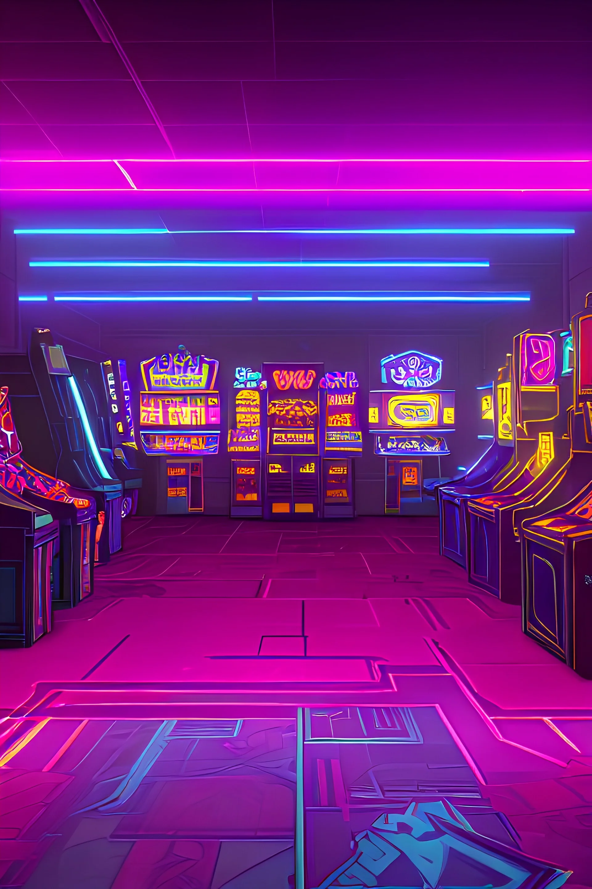 A dark photo of the corners of an 80's aesthetics arcade at night, with a lot of functioning arcade machines, a vaporwave floor and some colorful tiles in between the floor. Purple aesthetics.
