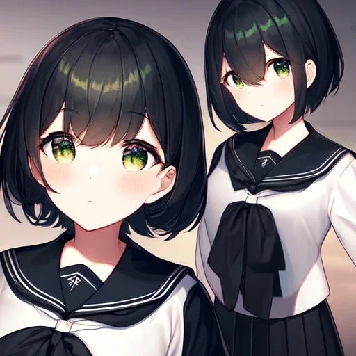 Clear focus, High resolution, fluffy black short hair, dark green eyes, wearing a black sailor uniform and pleated black skirt, fluffy hair, detailed outfit