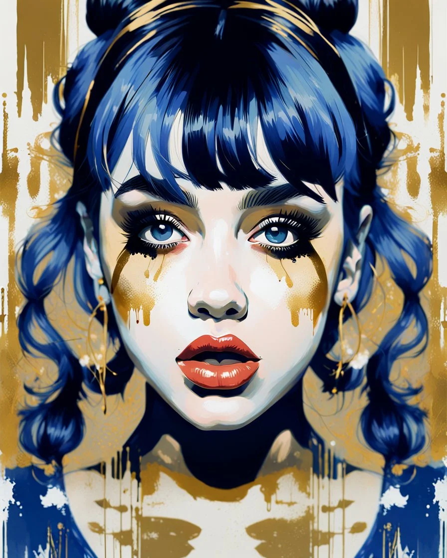 Poster in two gradually, a one side the Singer Danish MØ face, and other side the Singer Melanie Martinez face, symmetry, painting by Yoji Shinkawa, darkblue and gold tones,