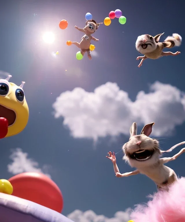 Ultra realistic speed clouds sky scene, wide angle view, childs falling down with many Childs background, rabbit head, inflatable monsters, circus dress style, feather color, free jumping flying, many trinkets, hair monster, many jelly beans, balls, color smoke, smile, happy, extreme, wind, clouds sea, 20,000 feet altitude, stratosphere, soft color, highly detailed, unreal engine 5, ray tracing, RTX, lumen lighting, ultra detail, volumetric lighting, 3d, finely drawn, high definition.