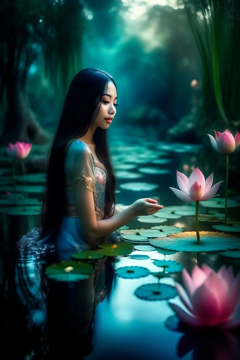 Beautiful princess Indonesia young lady touching a reflection of their in pretty, lotus pond, outer space glowing forest background, dark long wavy hair, cheerful fantasy, intricate details, hyper detailed