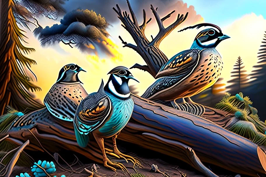 stunningly detailed 3D render illustration of a California quail family, with the male and female quail displaying exquisite, intricate plumage as they tenderly guide their young. They stroll gracefully near an ancient log, surrounded by a lush forest edge and a breathtaking sky filled with vibrant, dramatic clouds. The artwork masterfully captures the essence of nature, reminiscent of renowned artists such as Robert Bateman, Carl Brenders, Flo'n Images, and Nancy Kaestner Hendry. Cinematic typo