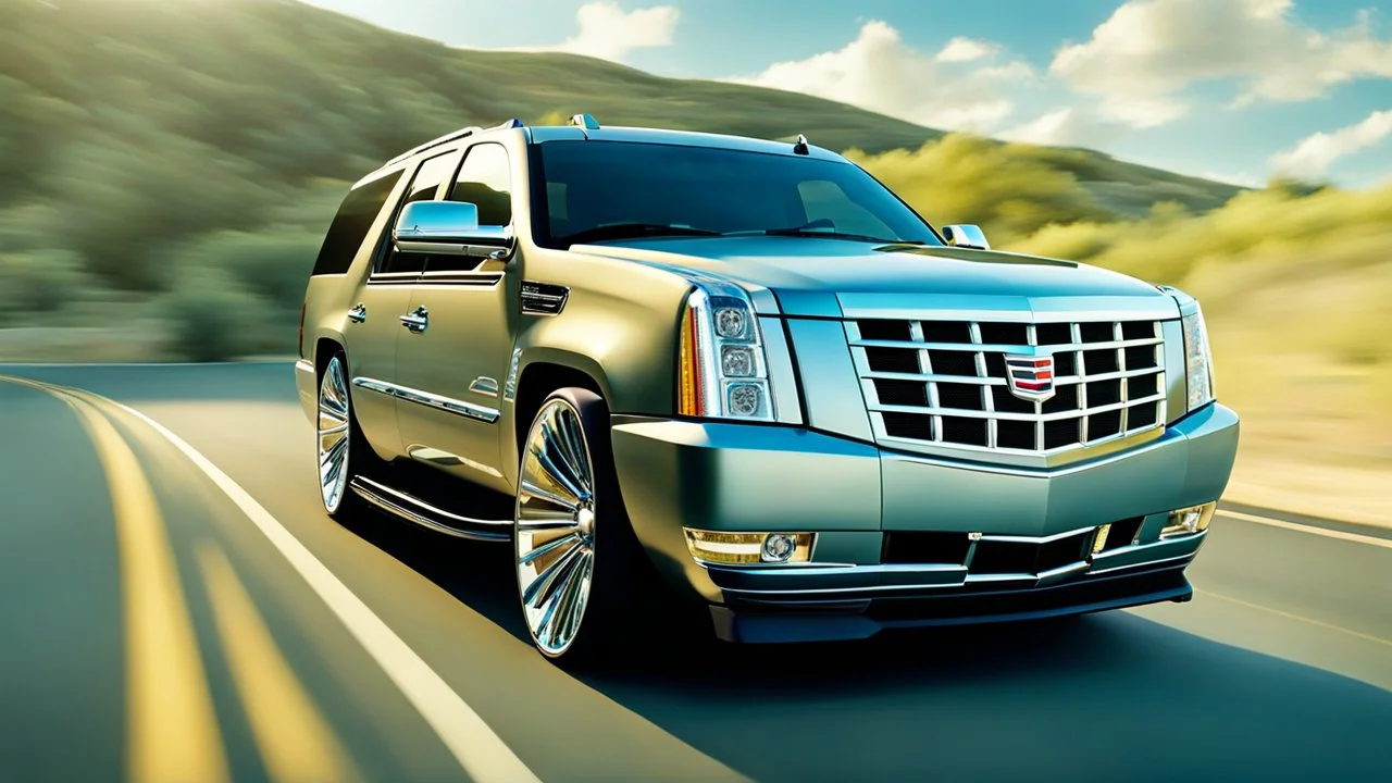A sleek with livery (((Customized gangsters lowrider cadillac escalade))), its contours and details perfectly captured in a (((cinematic view))), zipping along a winding road under a beautiful blue fresh morning sky