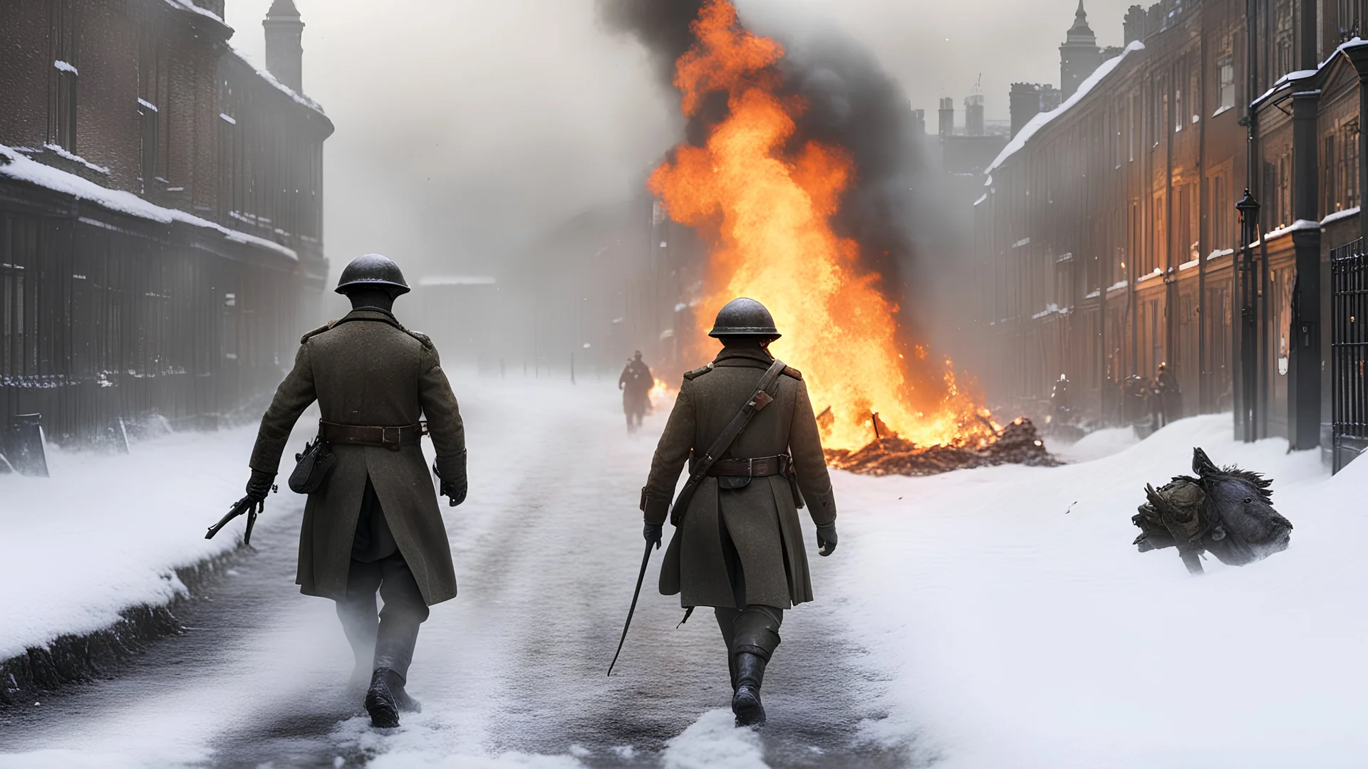 ALIEN CREATURE carrying away a British WORLD WAR ONE soldier whose uniform is on fire, a snowy london street 1898, the snow, SNOW ON THE GROUND, BURNING DEBRI LIES ALL AROUND, PHOTO REALISTIC, EPIC, CINEMATIC