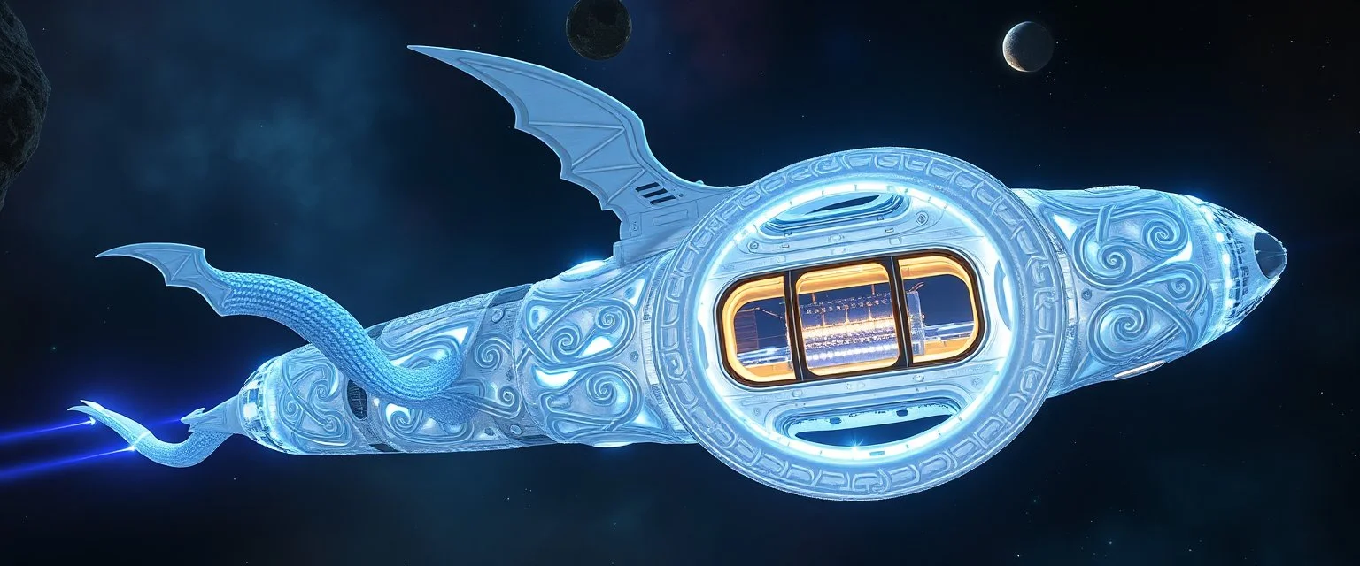celtic knot hollow tube transparent core ornate indented space ship, shiny bright mega ship flourescent white blue like bubble gum with a few big windows and decks, interdimensional twister, rock against colored spaced fog, space interior. split tail, winged serpent, glowing aura