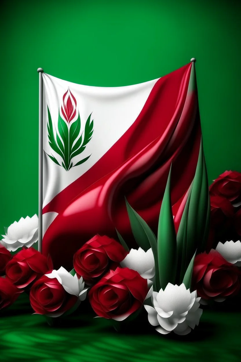 The flag of the Islamic Republic of Iran with red tulips