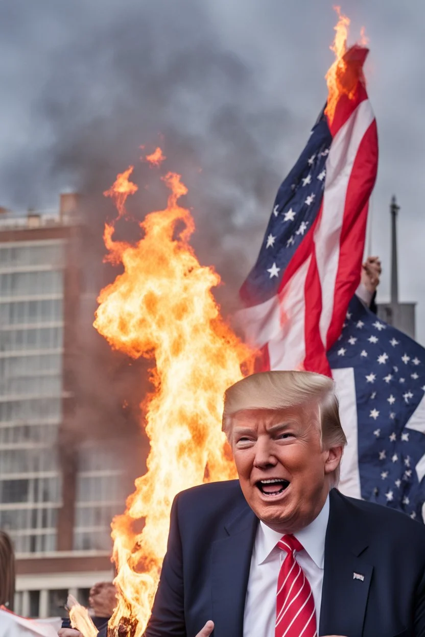 donald trump burns the american flag while maniacally laughing