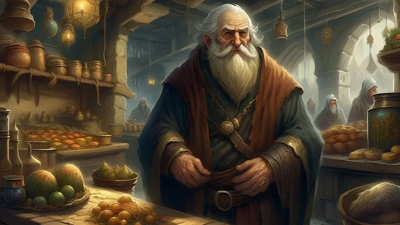 Fantasy digital illustration: strange-looking old merchant, from the 17th century on the path toward a market