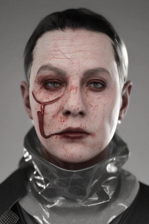 A realistic , 8k high quality image of a person's face from above, face is covered with a plastic, can't breath, suffocating with the face showing like vacuumed under the plastic, eyes open and looking in fear, metaphorically depicting the suffocating grip of anxiety, gothic and dramatic, chaos80 , with debree flying around, abstract