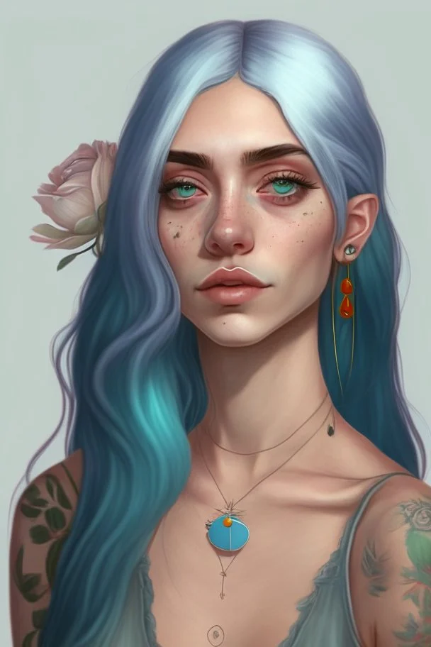 Young woman with big grey eyes, light brown skin, rosy cheeks, long silver earrings, really long straight blue hair, round face, slim body, big bobs, green shirt, red flower tattoo on collarbone,