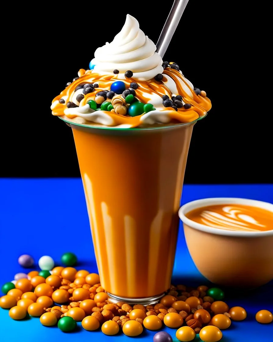 A vibrant and colorful boba drink, with pearls swirling in a sea of creamy milk tea, topped with a mountain of whipped cream and drizzled with caramel sauce.