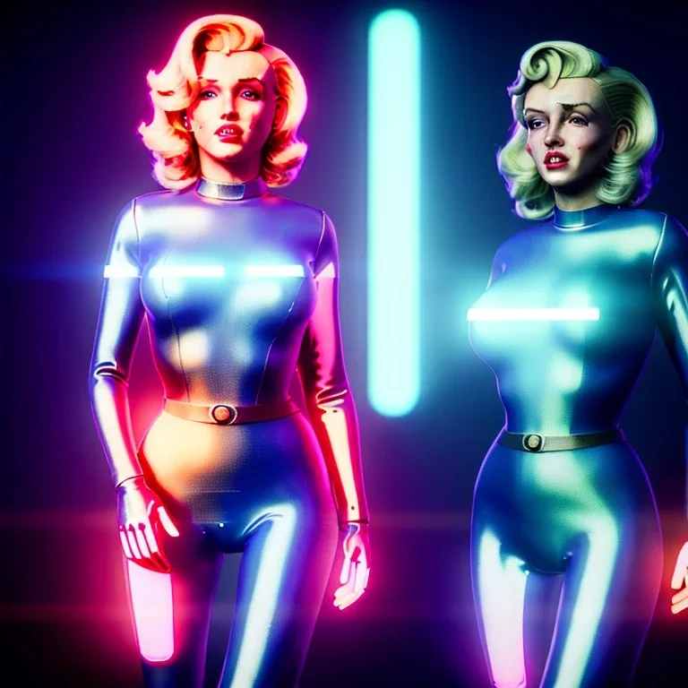 Realistic movie image, retro sci-fi, portrait, blonde action woman, sweet Marylin Monroe face, perfect iris, glow eyes. tight latex tights suit. soft color, highly detailed, unreal engine 5, ray tracing, RTX, lumen lighting, ultra detail, volumetric lighting, 3d, finely drawn, high definition, high resolution.