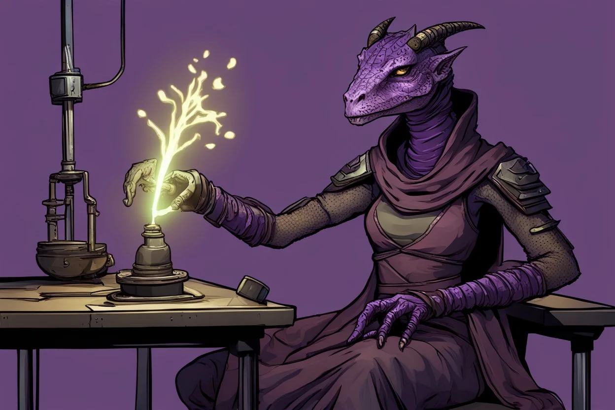 a black and purple, female argonian artificer who uses Tesla coils, skinny, wearing little armor and a robe, sitting in her lab