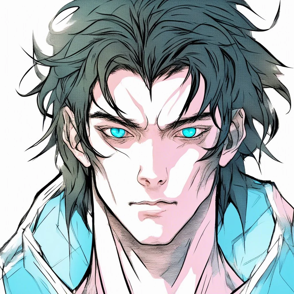 An handsome male alien with messy black hair and blue eyes