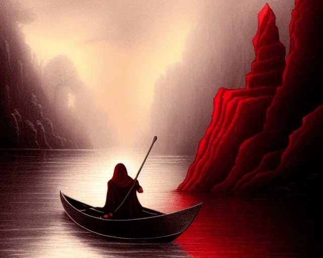 Charon the ferryman in his boat on the river Styx, red black purple colours, 8k, high definition, fantasy art, winding river, sharp jagged rocks, high contrast colours, sharp detail,