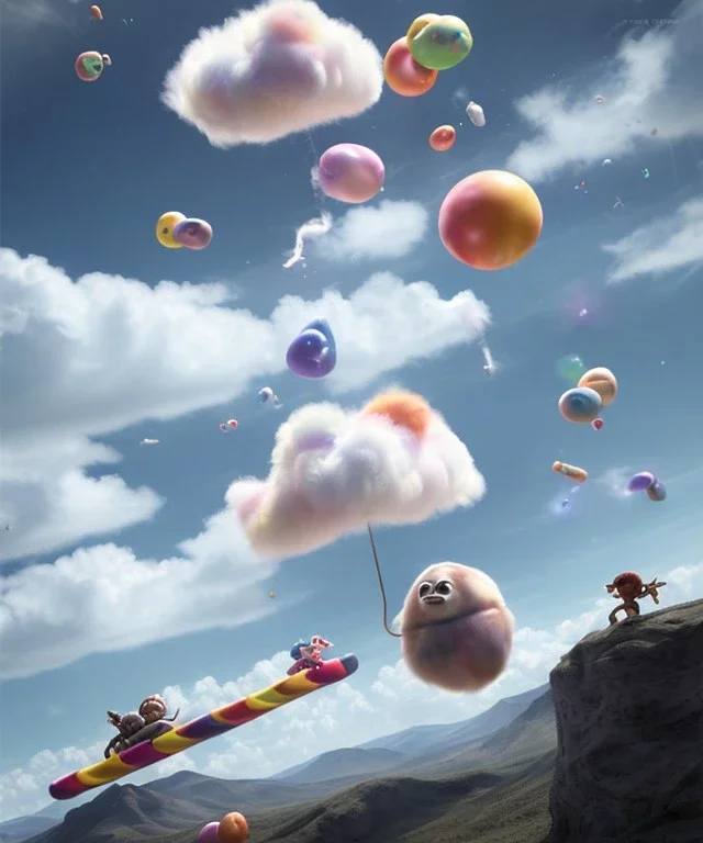 Ultra realistic speed clouds sky scene, wide angle view, strong men falling down with many Childs background, circus clothing style, feather color clothing, free jumping flying, many trinkets, hair monster, many jelly beans, balls, color smoke, smile, happy, extreme, wind, clouds sea, 20,000 feet altitude, stratosphere, soft color, highly detailed, unreal engine 5, ray tracing, RTX, lumen lighting, ultra detail, volumetric lighting, 3d, finely drawn, high definition, high resolution.