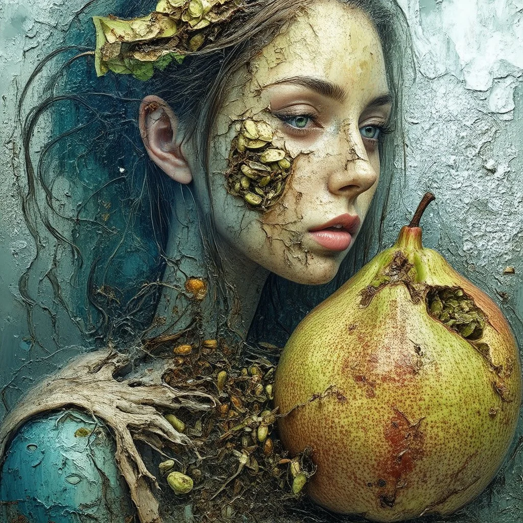 Grunge, woman as a decaying dried out Pear intricately showing its internal structure and seeds, cyberpunk, ultra unique natural textures, slight imperfections, vray. Modifiers: fantasy intricate dynamic lighting fantastic view hyperrealistic Unreal Engine matte background cinematic postprocessing VRay acrylic art pencil sketch creepy art station Gustave Klimt wet on wet watercolor Double exposure wet on wet Craig Rutkowski intricate fantasy