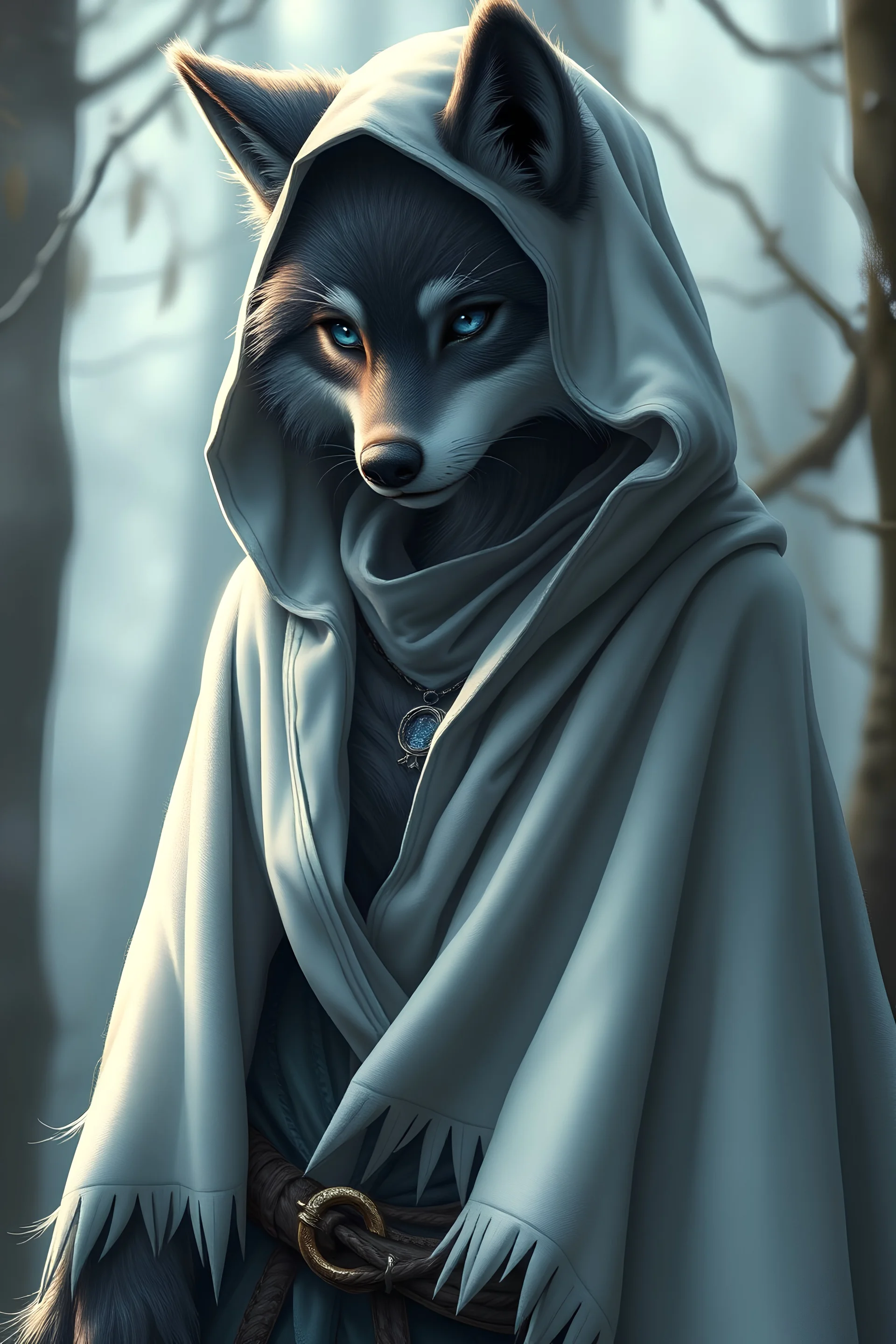 full body, furry anthropomorphic female werewolf in a white hooded cape, grey short fur, wilderness, masterpiece, light, expert, insanely detailed, 4k resolution, sharp, sad, blue eyes, short ears