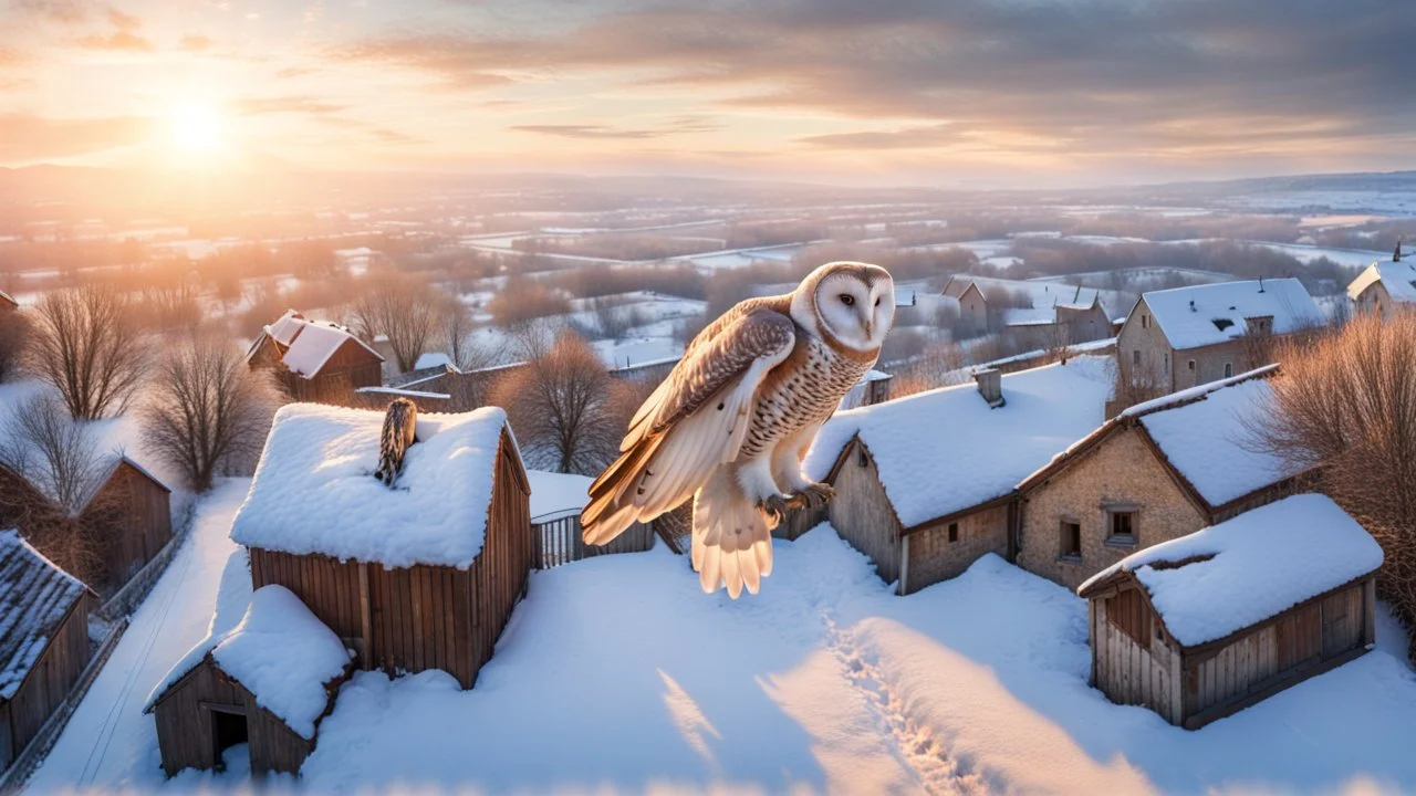 angel's view medium close from above a barn owl flying over a winter small village, snowy landscape, little light, sunrise, some small Hungarian old country houses from above, perspective, high detailed, sharp focuses, photorealistic, cinematic