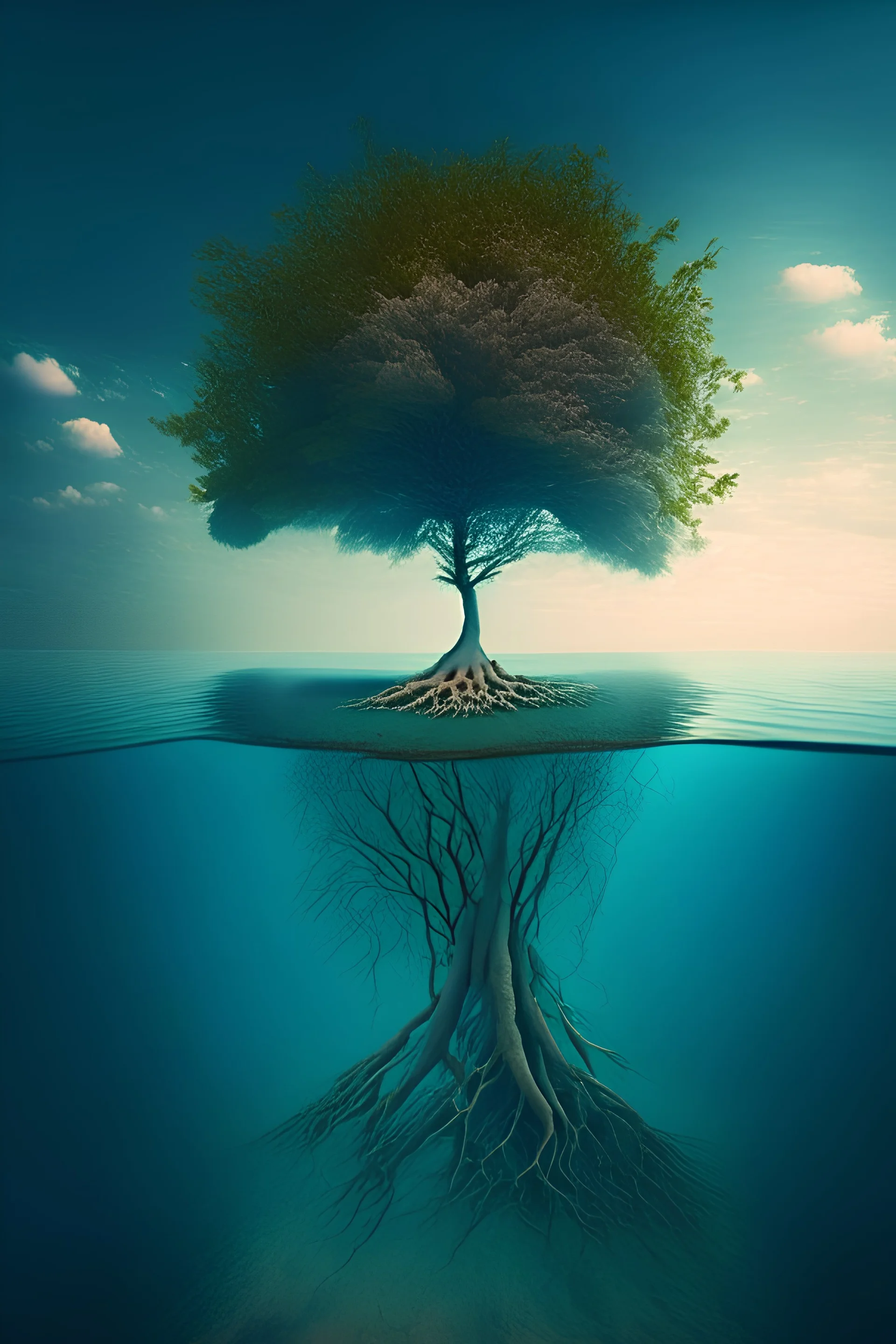 a tree in the middle of sea