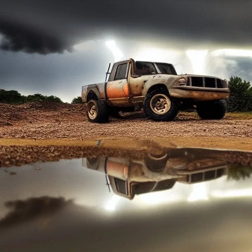 hyperrealistic shot, off-road truck, speeding, earth color palette, sharp focus, puddle reflection, tire water splash, refraction, rain and lightning on the horizon, shadowcast, detailed and intricate, cinematic composition, tilt shift photography