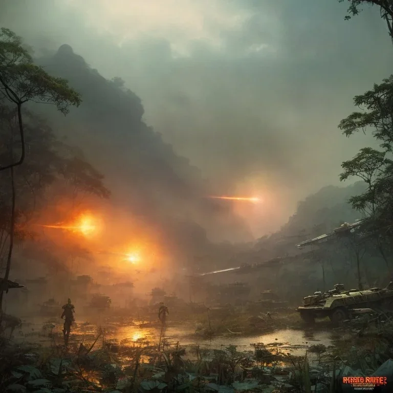 vietnam war. war report. in jungle. poster. bokeh. lens flare. warm lights. high detailed. beksinski