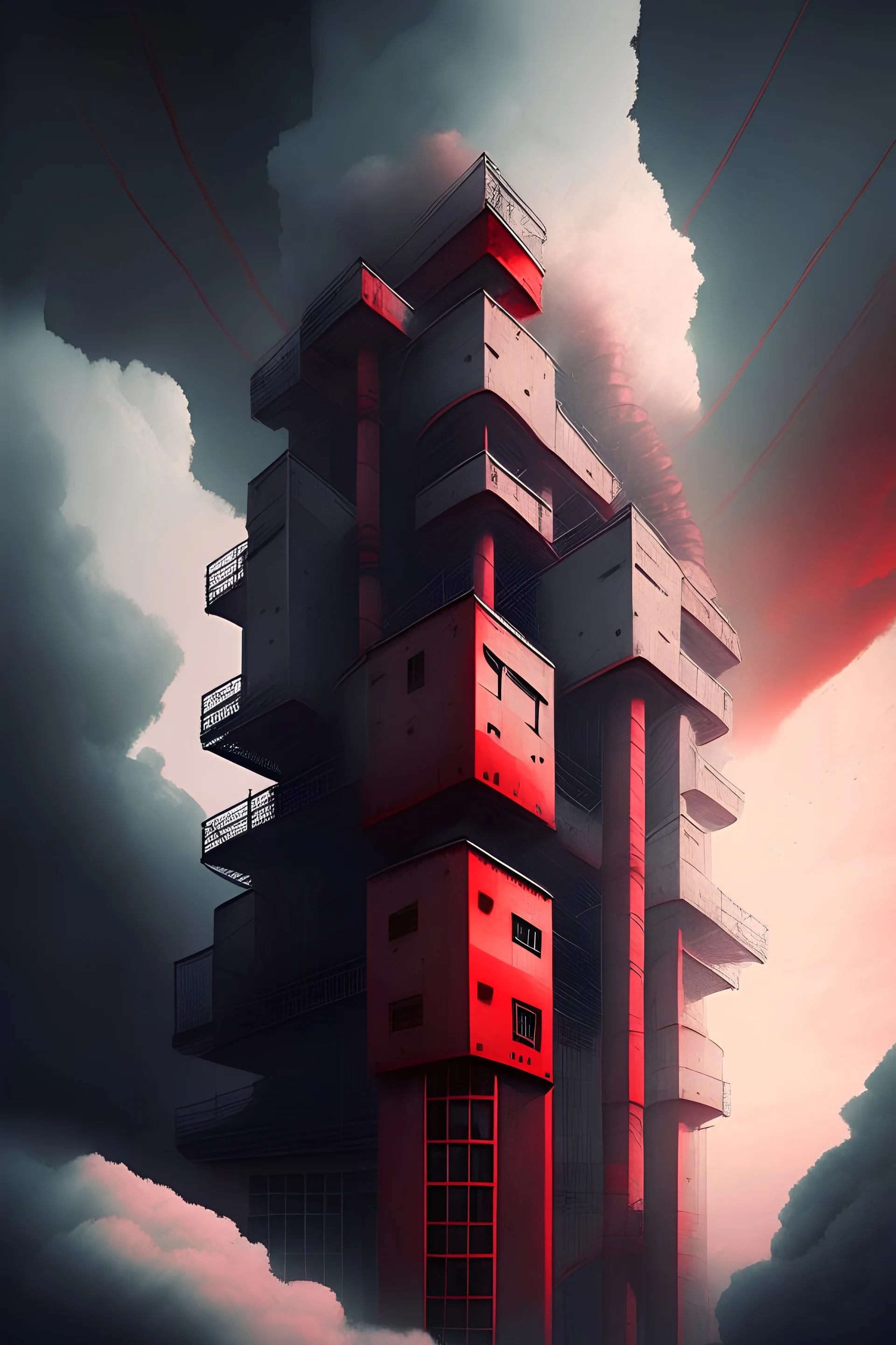 immense gray and red superstructure filling all the sky. windows, inverted staircases and pipes going out and everywhere. early sunlight in the clouds